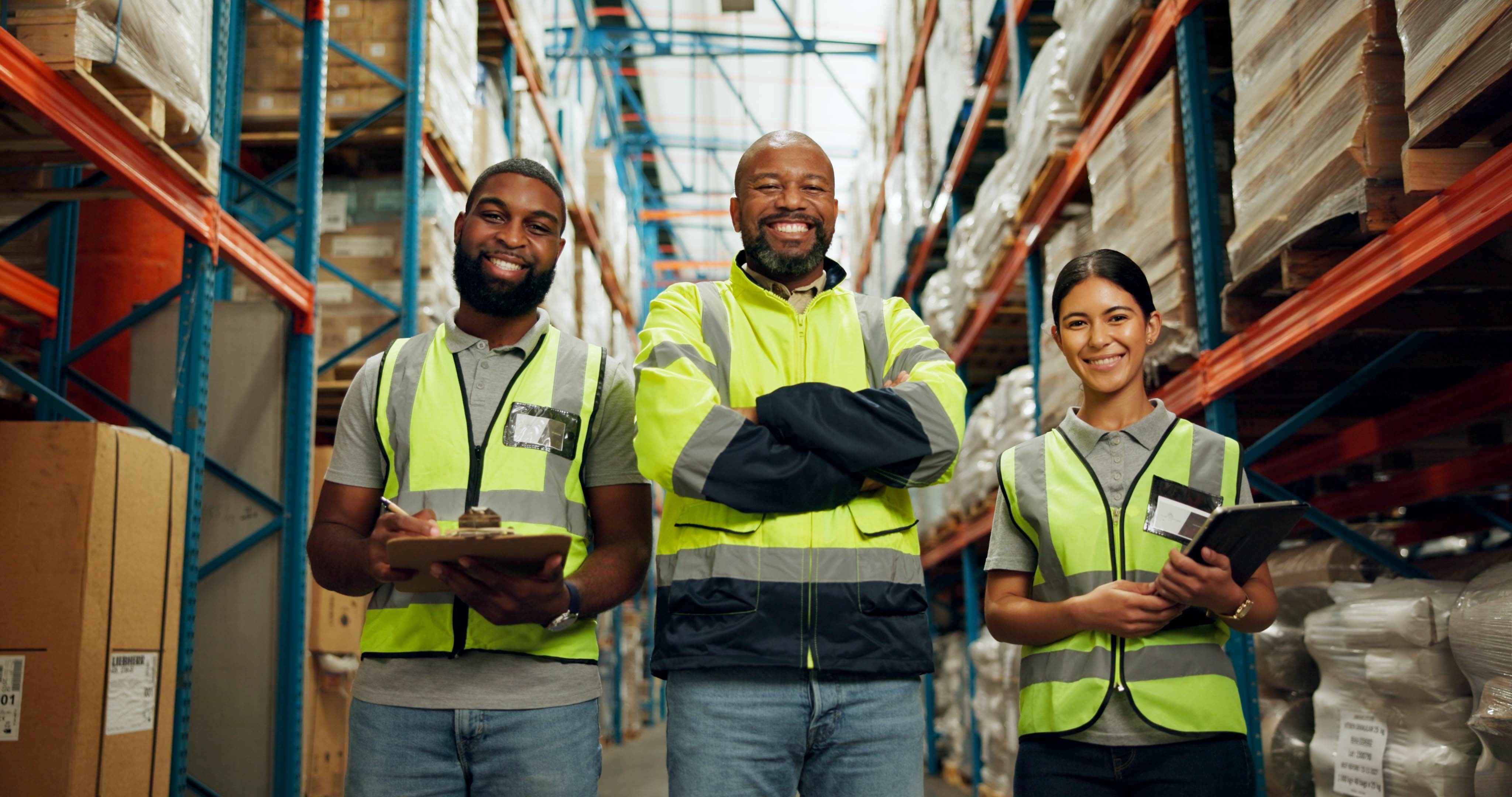 Smiling warehouse workers in safety vests representing employee wellness and medical surveillance programs