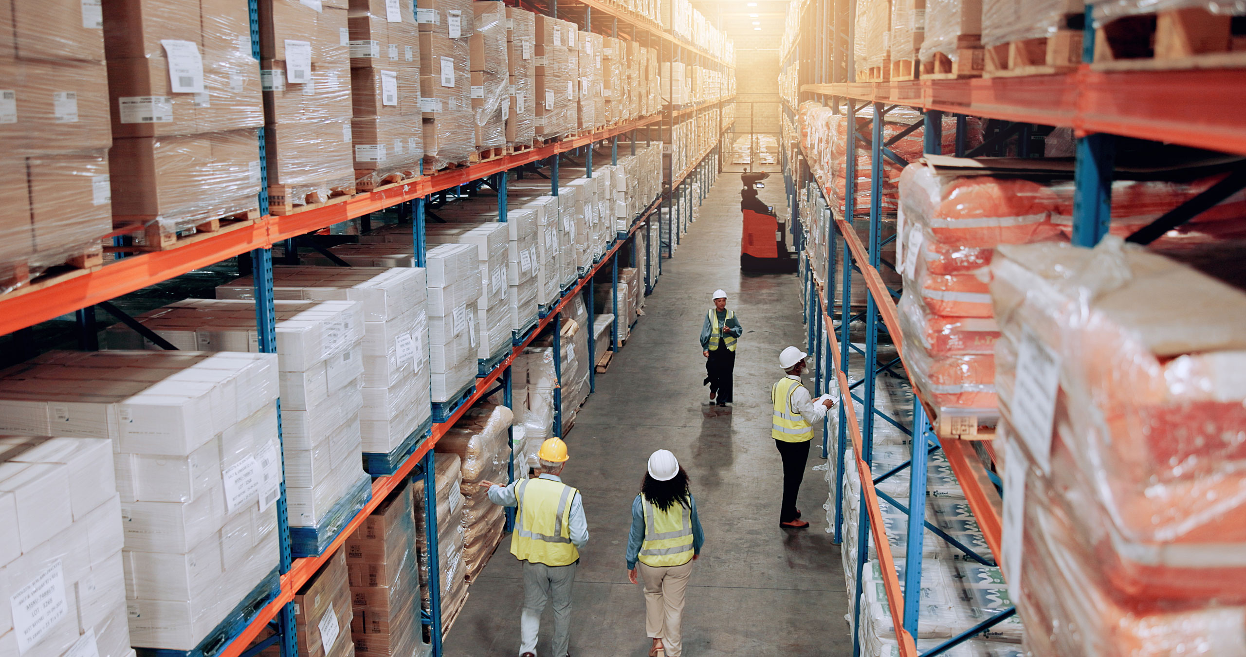 Supplier, warehouse and employees walking for logistics, stock inventory or inspection by shelves.
