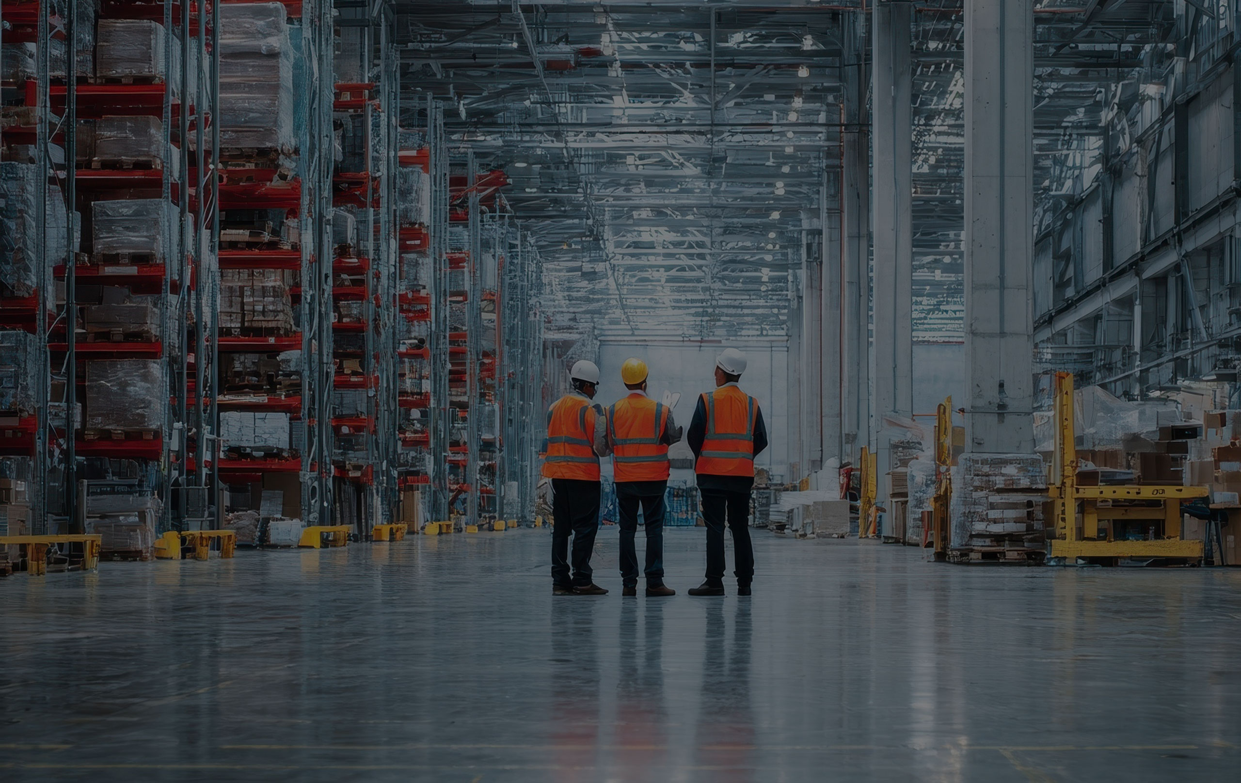 Warehouse team in safety vests in a group discussion, representing OccuMedX medical surveillance and employee wellness